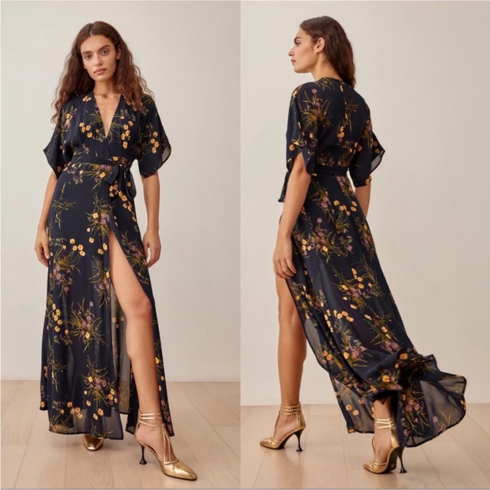 Reformation Black and Gold Floral Maxi Dress